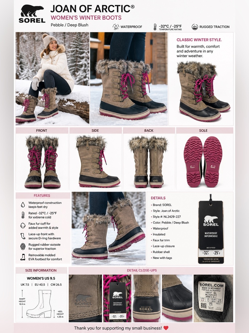 SOREL Joan of Arctic Women’s 9.5 Waterproof Winter Boots Pebble Deep Blush NWT
